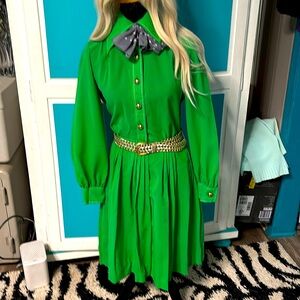 Vintage beautiful green with gold bottoms and gold belt.